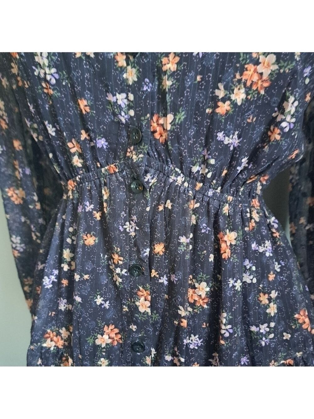 Tiny floral tiered MAXI dress long sleeves ruffle cuff button up Shabby Aakaa S - Picture 10 of 12
